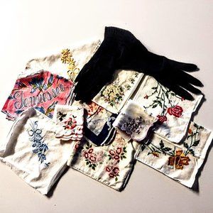 Vintage Ladies Handkerchiefs (Set of 10) & Lace-Trimmed Black Nylon Gloves